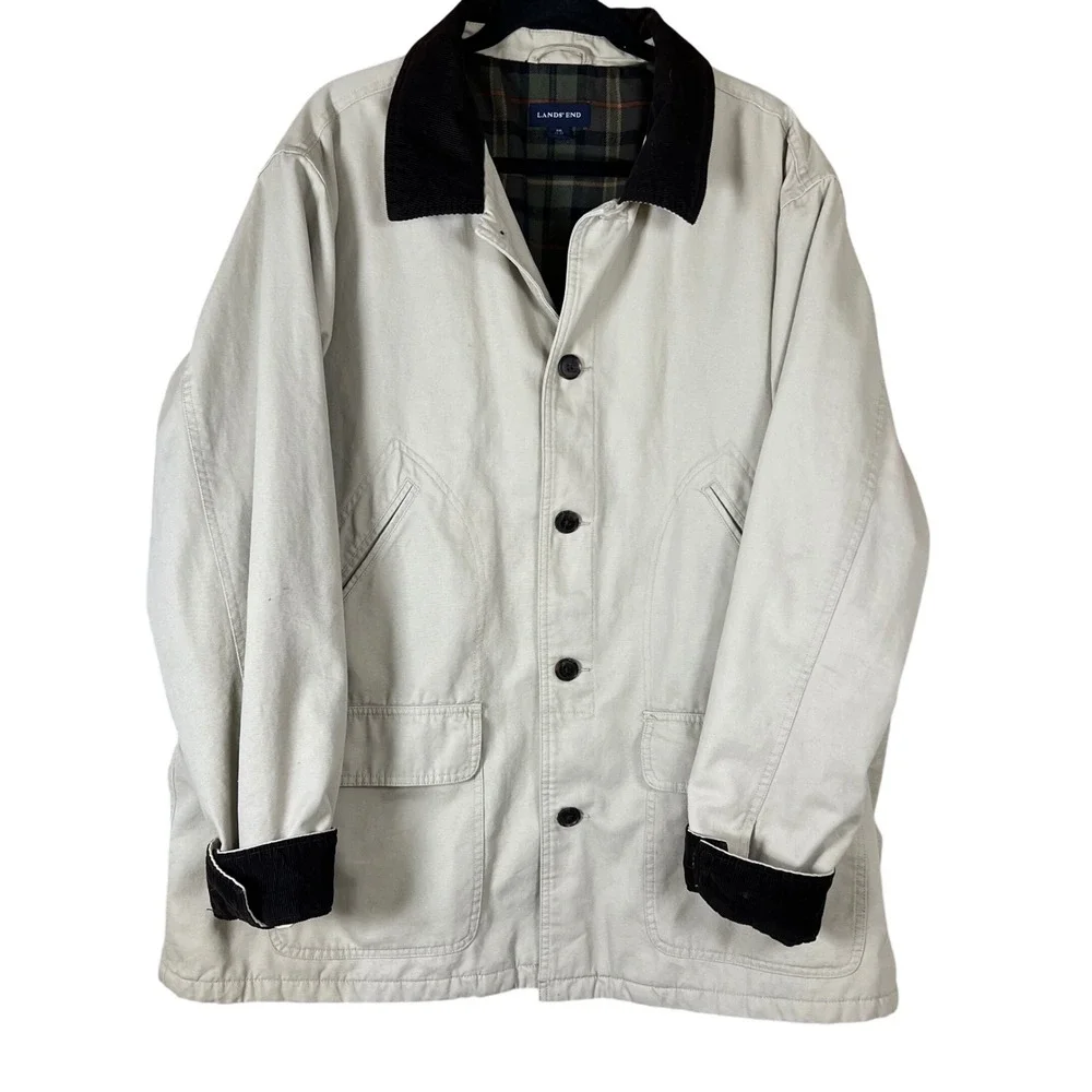 Lands End Mens XXL Barn Coat Canvas Field Jacket Khaki Plaid Removable Liner